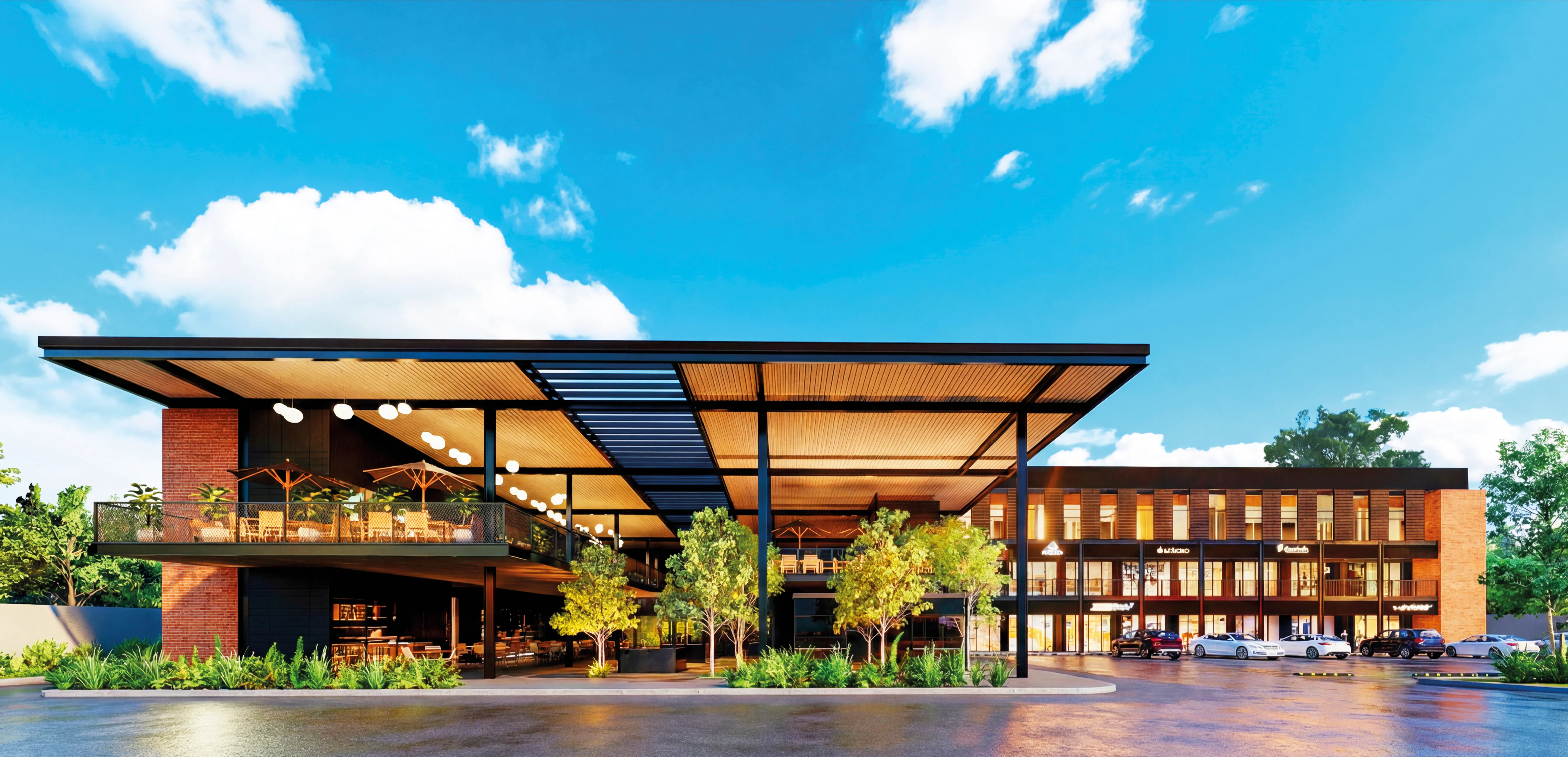 Render de locales comerciales y terrazas activas de Gandhi Living Plaza